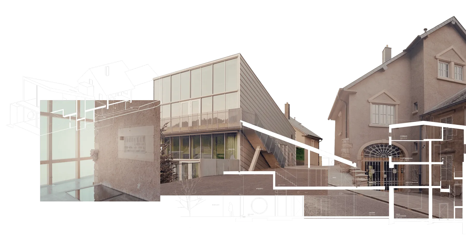 Collage : the former Hames house, the concrete extension and the site plans