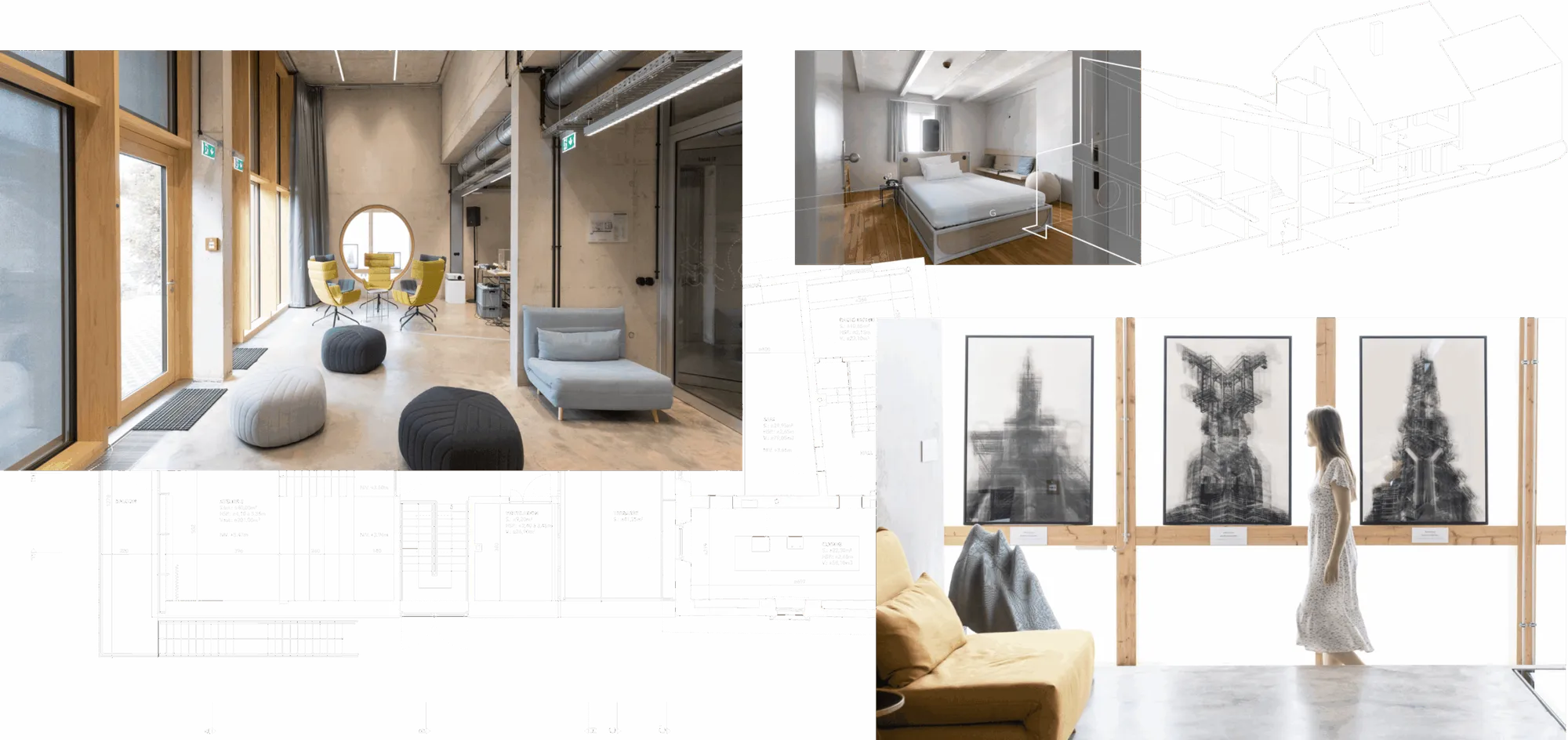 Collage: interiors, plans and exhibition at Spektrum